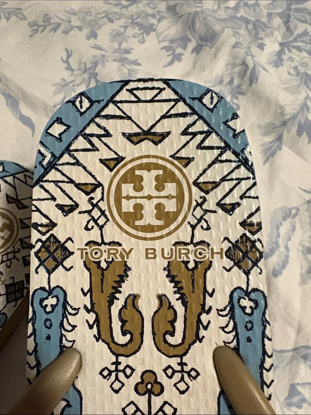 Tory Burch Tan and Blue Printed Logo Flip Flop Sandals